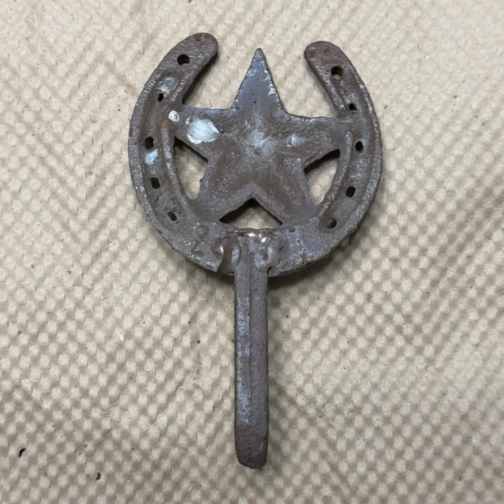 Rustic Cast Iron Horseshoe Texas Star Wall Hook Western Farmhouse Decor Brown
